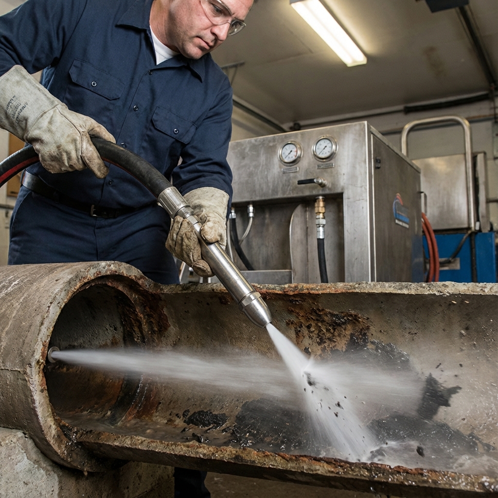 Plombier utilisant un hydrocureur haute pression