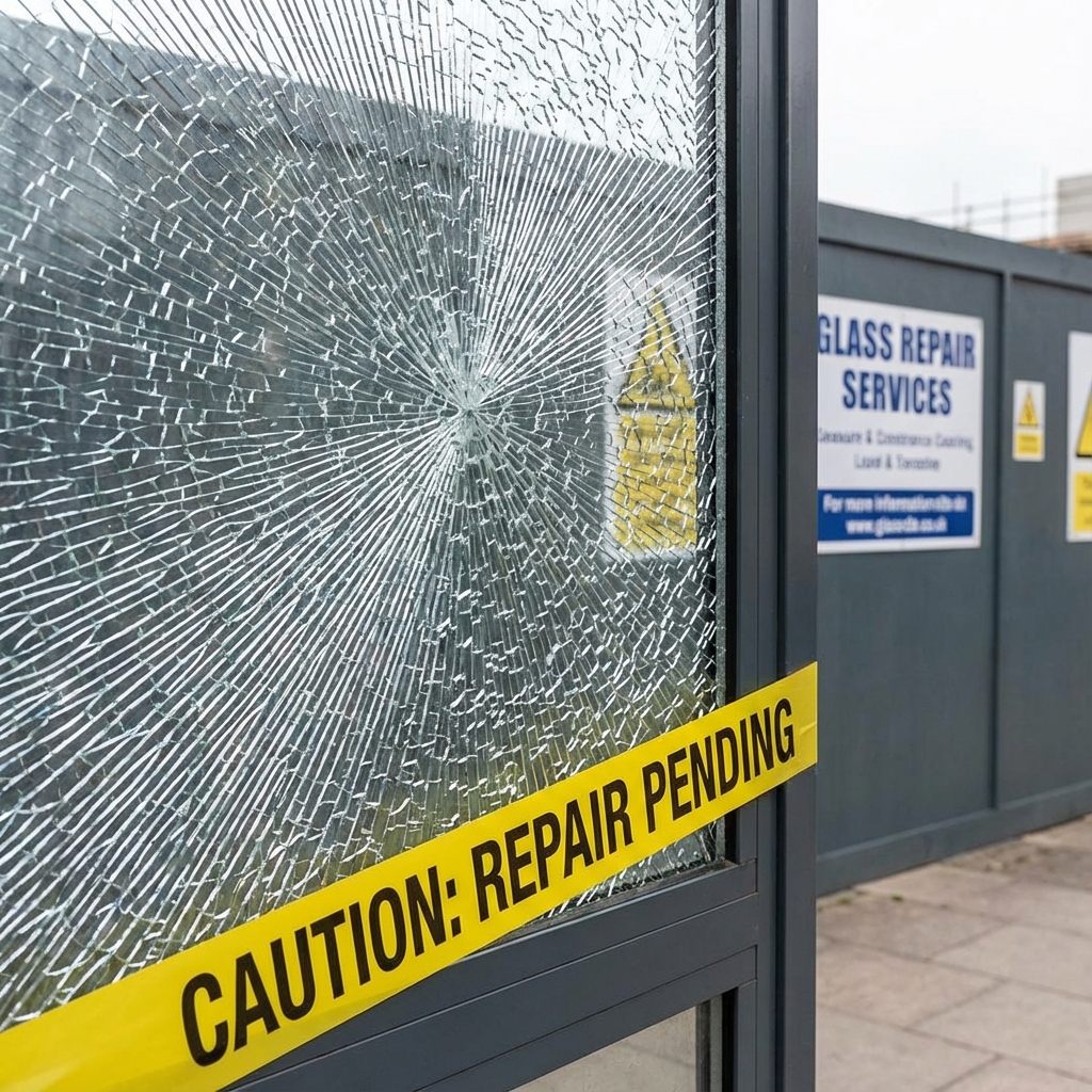 Vitre brisée sécurisation avec ruban jaune
