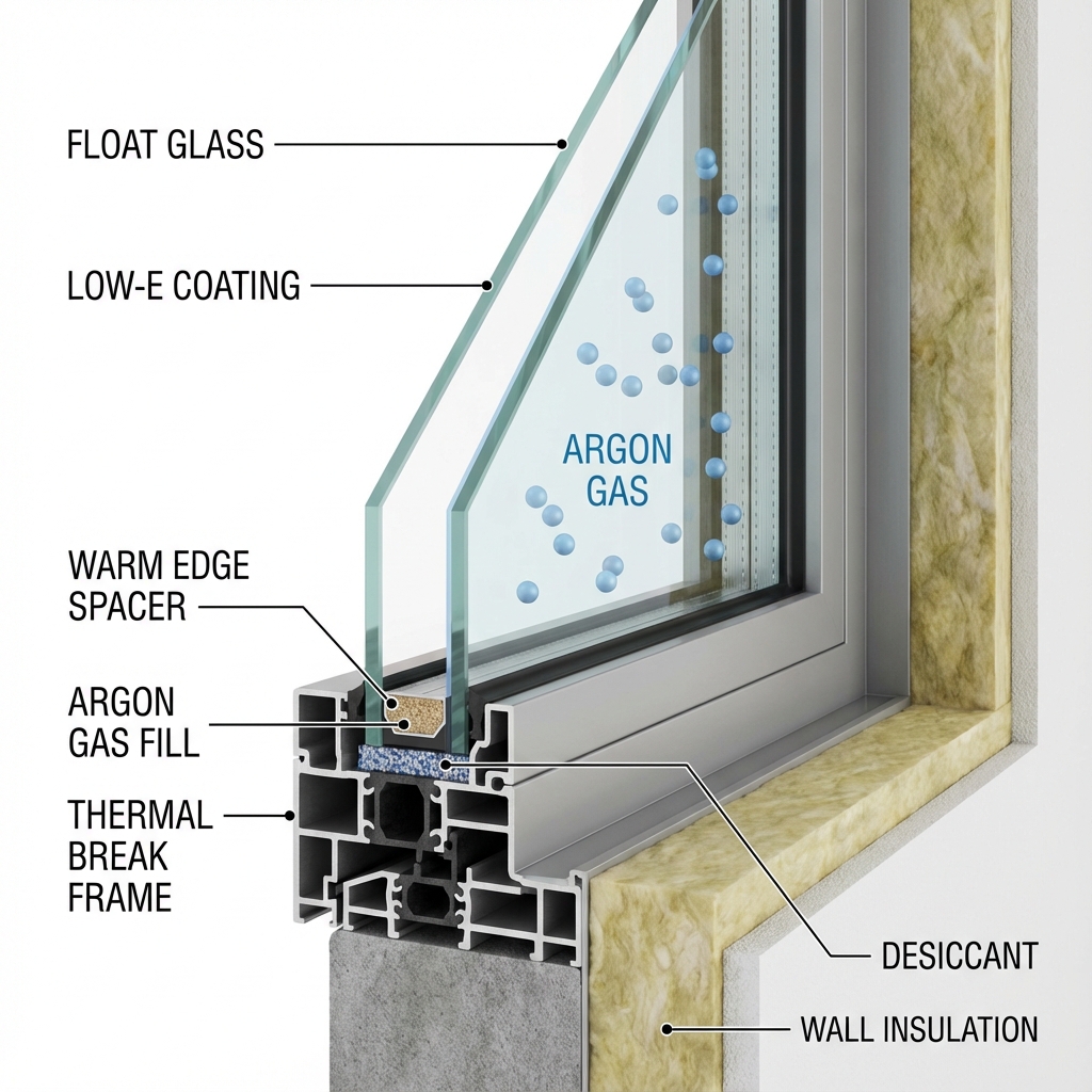 Schéma coupe double vitrage gaz argon isolation